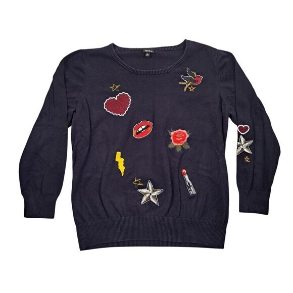Torrid Sweater Womens 3 Long Sleeve Black Embroidered Heart Rose Lips Bird - Picture 1 of 11